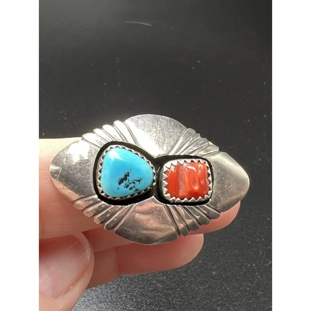 Vintage‎ Native American Navajo Turquoise And Coral Silver Ring Signed S Dickens